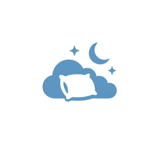 Blue icon of a cloud with a pillow, moon, and stars on a white background